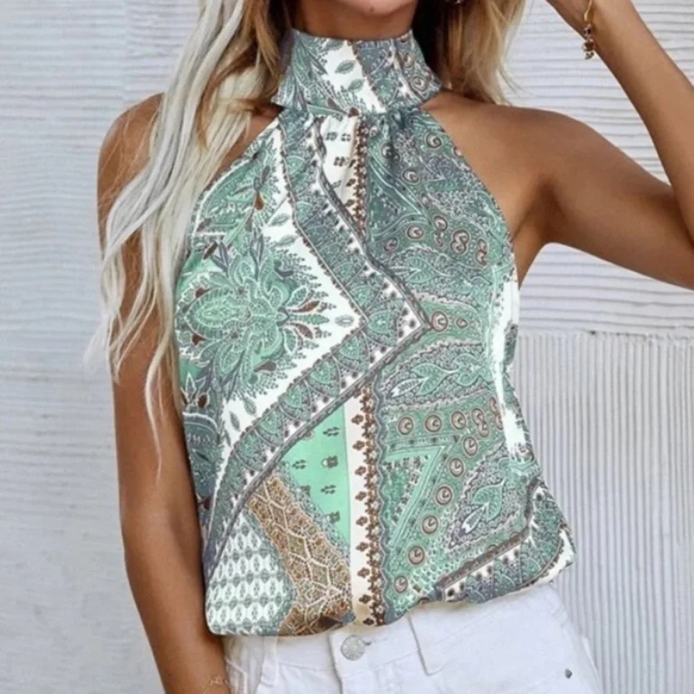 Boho Paisley Floral Print Satin Halter Tank Top_2
